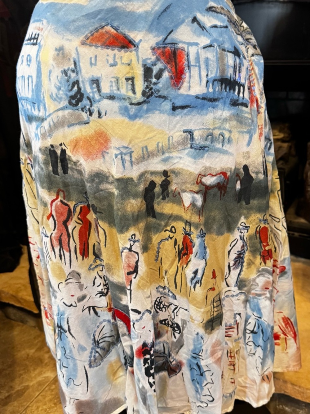 JohnPaulRichard Watercolor Village Print Maxi Skirt in Blue, Cream, Red